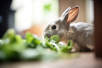 grey rabbit munching on spinach leaves in a hutch