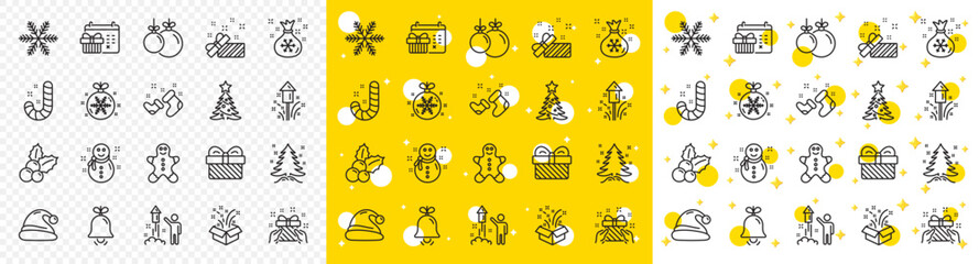 Santa hat, Gingerbread man and Gift box icons. Christmas, New year line icons. Fireworks, Snowflake and christmas holly. Snowman, santa socks and Pine tree. New year ball, holiday calendar. Vector