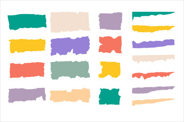 Colorful set of vector icons. Jagged paper pieces. Various torn and ribbed objects isolated on white backdrop