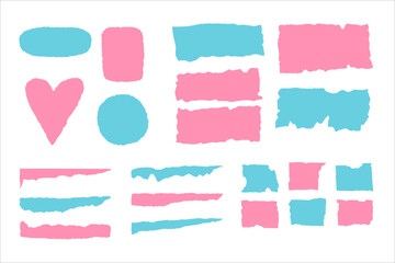 Set of vector design elements with jagged edges. Pink and blue geometric objects, heart shaped and abstract stickers - obrazy, fototapety, plakaty