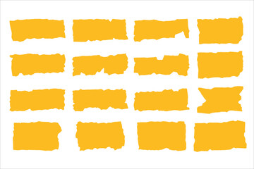 Jagged rectangles. Set of vector design elements. Various yellow torn paper pieces on white backdrop