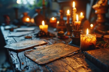  dimly lit scene featuring a rustic table adorned with lit candles, old books, and alchemy paraphernalia - obrazy, fototapety, plakaty