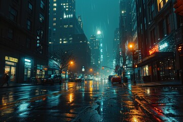Twilight Rain in Cyberpunk Downtown, Nightlife Scene with Blurred Bokeh, Skyscrapers, and Reflective Backgrounds - obrazy, fototapety, plakaty