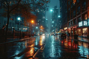 Tuinposter Twilight Rain in Cyberpunk Downtown, Nightlife Scene with Blurred Bokeh, Skyscrapers, and Reflective Backgrounds © jechm