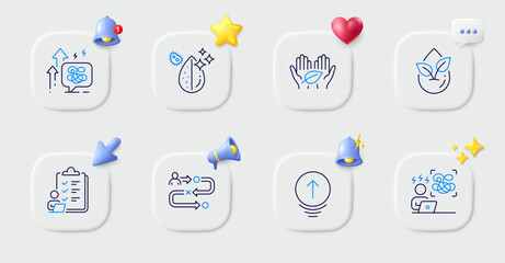 Fair trade, Journey path and Swipe up line icons. Buttons with 3d bell, chat speech, cursor. Pack of Difficult stress, Stress grows, Dirty water icon. Checklist, Organic product pictogram. Vector