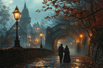 Fototapeta premium serene scene capturing a couple's evening stroll along a snowy street illuminated by warm lamplight