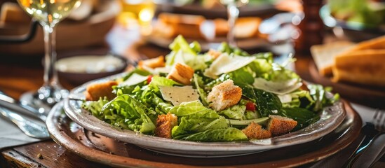 Caesar salad on table.