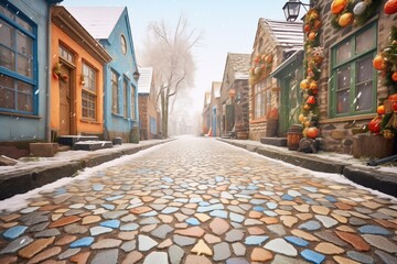 snowflakes on village cobblestone paths