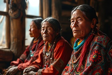 Fototapeta premium Three senior women dressed in vibrant traditional garments sit together in a wooden cabin, exuding wisdom and cultural heritage