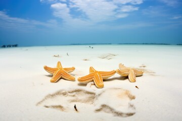 Fototapeta na wymiar group of starfish on a sandy seabed, clear water