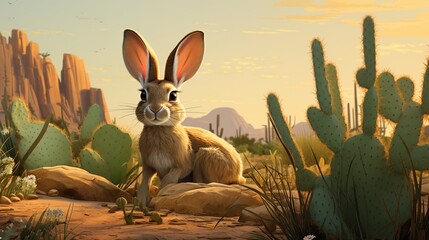 A jackrabbit resting under a cactus, its large ears picking up distant sounds. - obrazy, fototapety, plakaty