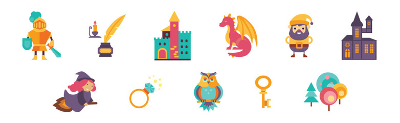 Fototapeta premium Fairytale Magic Flat Icon Design with Ring, Key, Witch, Castle, Dragon and Knight Vector Set