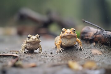 two toads on a muddy bank