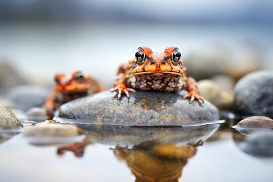 toad on pebbles near water