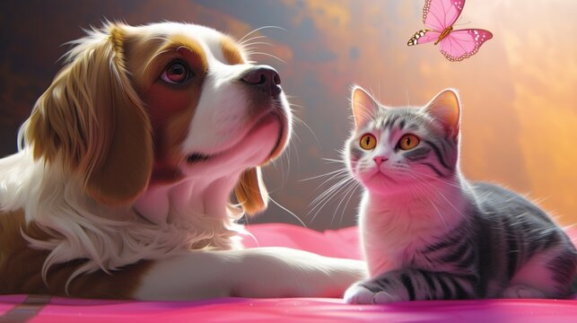 A contented Persian cat and a friendly Beagle sitting together on a pink polka dot rug, gazing attentively at a colorful butterfly fluttering above them.