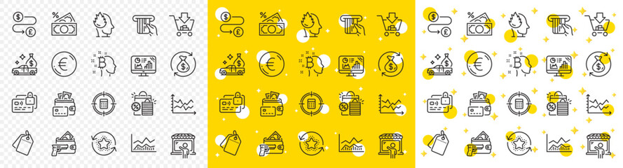 Outline Trade infochart, Diagram chart and Change money line icons pack for web with Calculator target, Stress, Analytics graph line icon. Euro money, Shopping, Cash transit pictogram icon. Vector