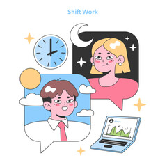 Shift work concept showcases employees balancing day and night tasks with efficiency. Adapting to diverse work hours. Flat vector illustration.