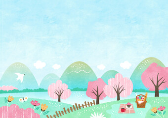 春のお花見の背景イラスト 桜と自然の草花に囲まれた水彩風景