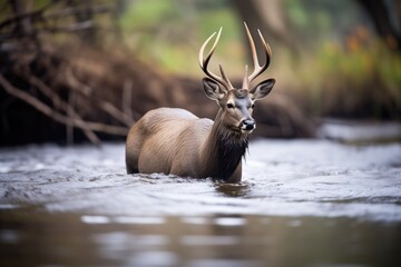 Obraz premium waterbuck wading through deep river part
