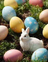Fototapeta na wymiar easter fluffy bunnies, in midst colourful eggs and spring field. 