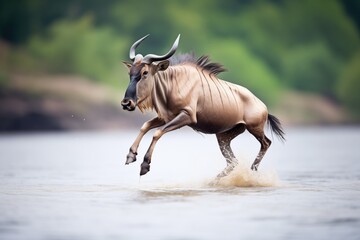 Obraz na płótnie Canvas single wildebeest jumping into river