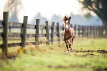 foal galloping in a fenced pasture