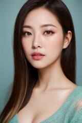 Portrait of beautiful Japanese women with an ombre style fading from dark roots to icy blue tips, coupled with a cozy, oversized pastel knit sweater and a relaxed, contented look.