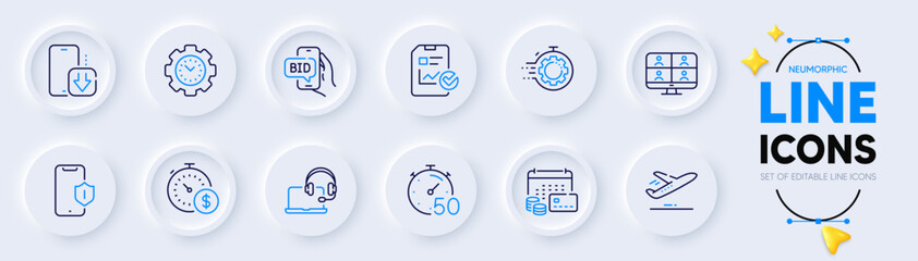 Time management, Phone download and Plane line icons for web app. Pack of Smartphone protection, Consult, Seo timer pictogram icons. Money calendar, Report checklist, Timer signs. Vector