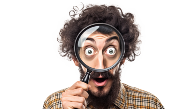 Portrait of a funny man looking through a magnifying glass wearing a shirt. Isolated on transparent 
 background