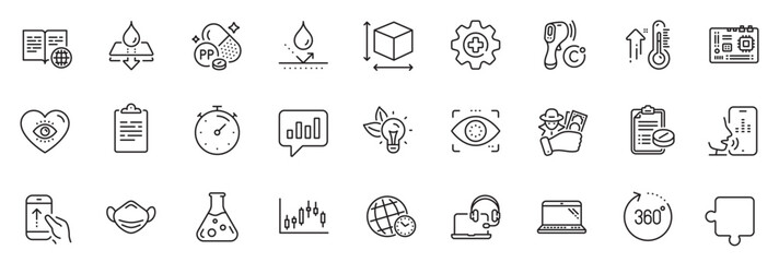 Fototapeta na wymiar Icons pack as 360 degrees, Eco energy and Niacin line icons for app include Medical mask, Timer, Voicemail outline thin icon web set. Internet book, Puzzle, Motherboard pictogram. Vector