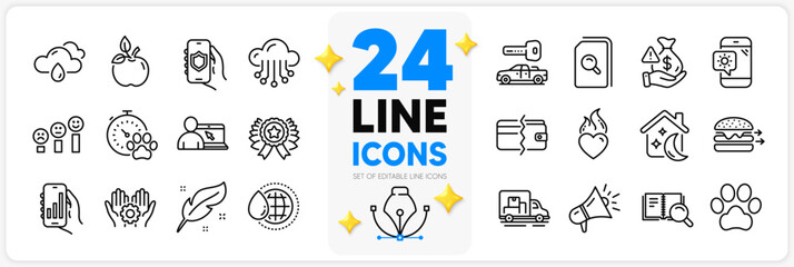 Icons set of Winner ribbon, Dog competition and Heart flame line icons pack for app with Payment methods, Customer satisfaction, Weather phone thin outline icon. Search book, Bribe. Vector
