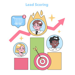 Lead scoring visualization with diverse professionals ranked, showcasing potential buyers and target audience strategy. Flat vector illustration