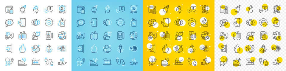Vector icons set of Phone message, Discount tags and Baggage calendar line icons pack for web with Approved, Brand ambassador, Fire energy outline icon. Money exchange, Reward. Vector
