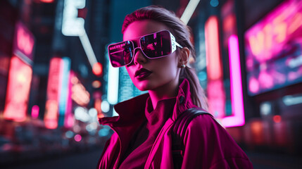 Obraz premium Futuristic Fashionista: Cyberpunk Woman Exploring VR Realms, Generative AI
