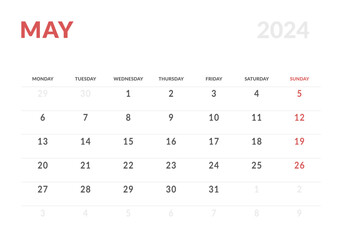 Monthly page Calendar Planner Templates of May 2024. Vector layout of simple calendar with week start Monday for print. Page for size A4 or 21x29.7 cm