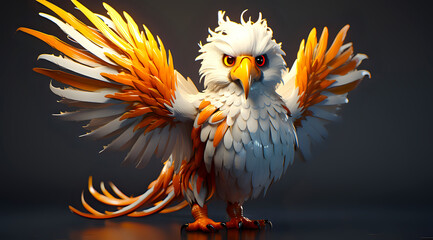 stylized image of a majestic bird with striking orange and white feathers, large open wings, and intense yellow eyes