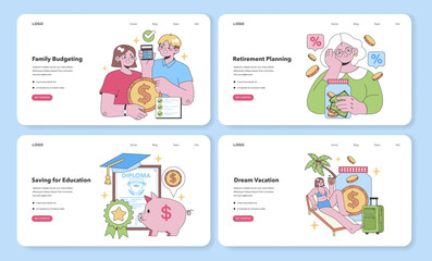 Life's Moments set. Illustrates financial planning across life stages: budgeting, education, retirement, and travel. Smart finance management. Flat vector illustration