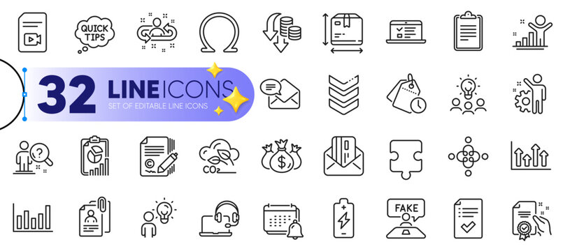 Outline set of Check investment, Employee and Box size line icons for web with Battery charging, Puzzle, Co2 gas thin icon. Certificate, Group people, Search employee pictogram icon. Vector