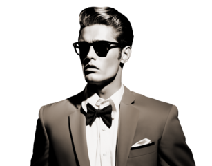 A retro styled handsome male fashion model with bow tie and sunglasses isolated over transparent background, ready for collage art. Fashion, pop art
