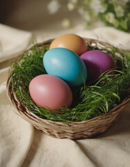 Fototapeta na wymiar easter bakset with colourful eggs