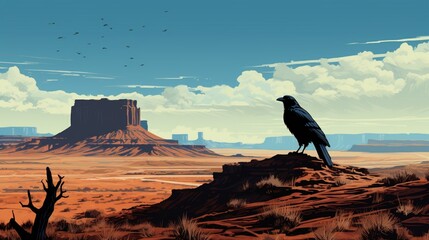 A lone raven croaking atop a desert mesa. - obrazy, fototapety, plakaty