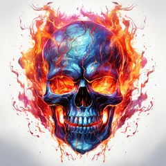 Papier Peint photo Crâne aquarelle watercolor Skull_on Flaming Fire Sublimation clipart, Generative Ai