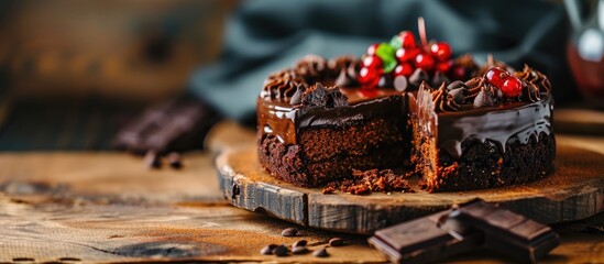 Vegan chocolate cake displayed on wooden table. Focus on cake. Space for text.