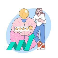 Growth mindset concept. Woman contemplating a brain with a luminous idea, while positive performance metrics rise. Quality thinking and continuous improvement indicators. Flat vector illustration