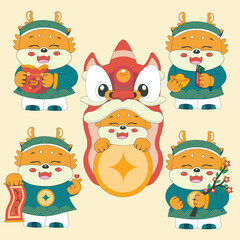 Template layout 2024 Lunar New Year, year of the Dragon banner design with cute little dragon holding iconic objects of Asia culture