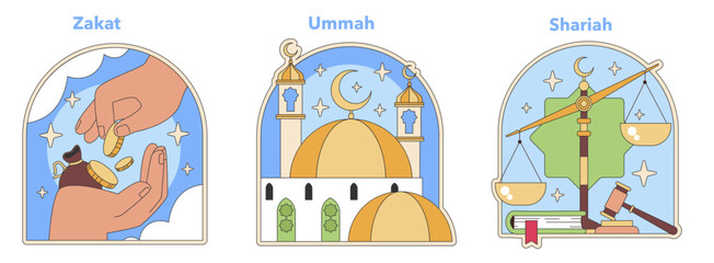 Muslimity core concepts set. Depicts acts of Zakat charity, Ummah community, and Shariah law in engaging vector illustrations. Flat vector style