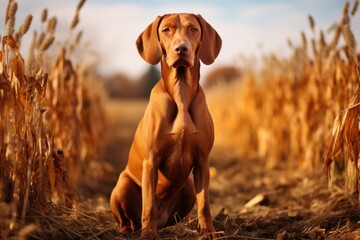 Hungarian hound dog vizsla in a field of corn, Hungarian hound pointer vizsla dog in autumn time in...