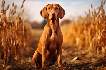 Fotobehang Hungarian hound dog vizsla in a field of corn, Hungarian hound pointer vizsla dog in autumn time in the field, AI Generated © Ifti Digital