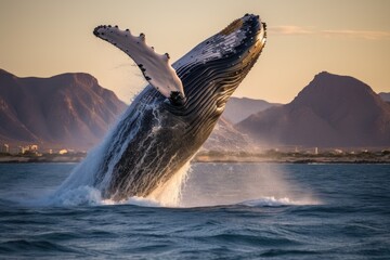 Humpback whale in the ocean at sunset. 3d render, Humpback whale jumping out of the water, AI Generated