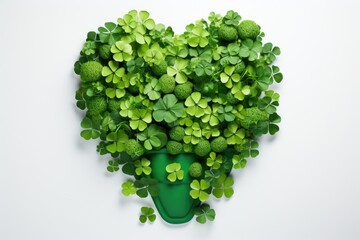 Green heart made of clover leaves on white background. St. Patrick's Day concept, Happy st patricks day decoration concept made from shamrock, AI Generated - Powered by Adobe